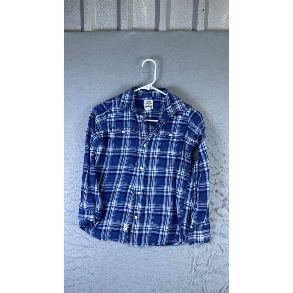 Lands End Flannel Shirt Kids M 8 Blue Excellent Blake Shelton Plaid Western